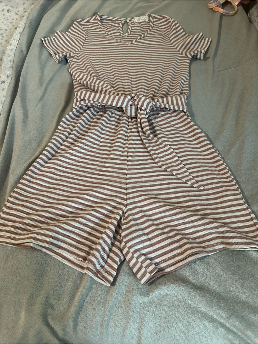 Walking on sunshine Striped Short Sleeve Kids Romper in Taupe and White